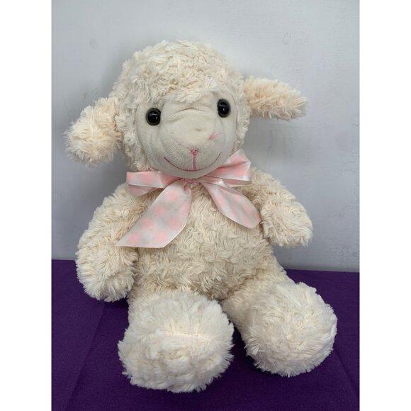 DanDee Cream Swirl Lamb 15" Pink Plaid Bow Scuffs to Plastic Eyes - Picture 1 of 12